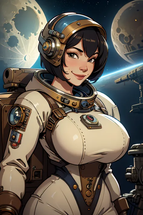 astronaut bob haircut, big breasts, astronaut steampunk outfit, steampunk astronaut helm, smile, in moon