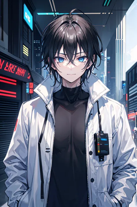 face_through_torso, 1man, cyberpunk, slightly_messy_hair(black_hair, hair_between_eyes), blue_eyes, smiling_face, wearing_black_...