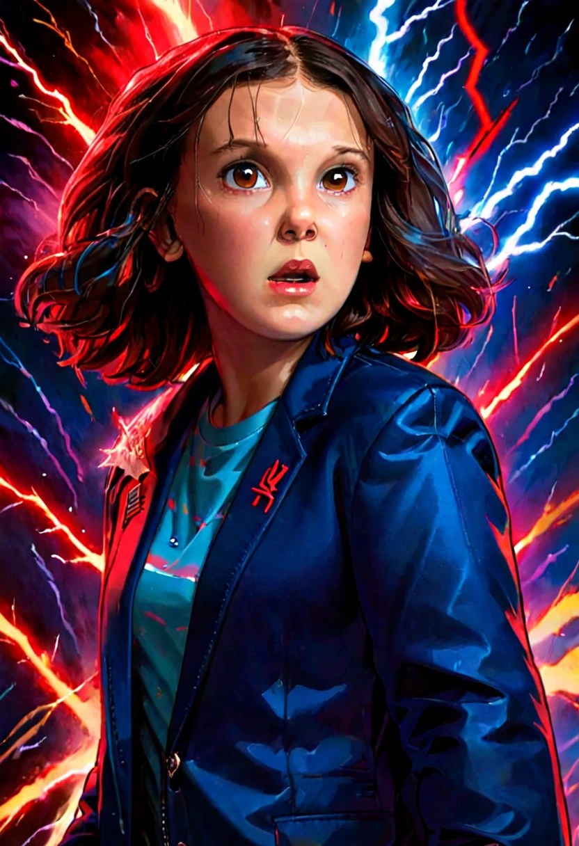 milli3 woman, millie bobby brown, 1 girl wearing blue jacket, Netflix, stranger things eleven, in a dark with red lightening strikes in the background, angry look on her face. front view
