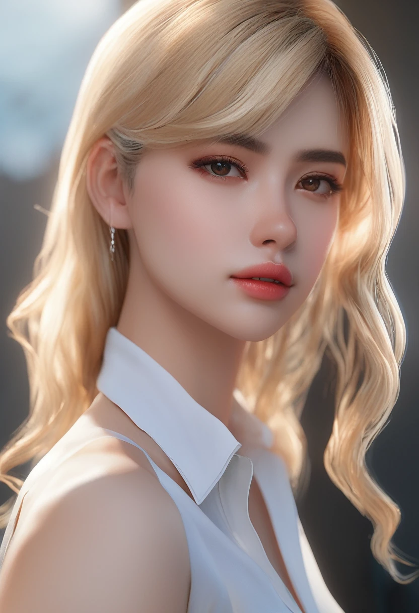 (Highest quality、4K、8k、High resolution、masterpiece:1.2)、Very detailed、(Genuine、Realistic、Realistic:1.37)、Beautiful girls、blonde、(undercut)、Big Breasts、No sleeve、Collared shirt、Open shirt