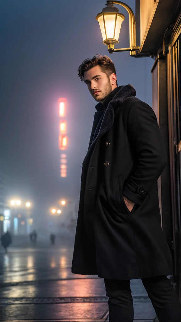 A handsome man with bright eyes,black flowy hair, natural beauty, handsome face,sharp jaw line, photogenic expression, wearing shirt and over coat, in a misty environment, evening time, near a street lamp, in a futuristic city, best quality photo, 16 k resolution, realistic, masterpiece, cinematic, head to thighs on focus 