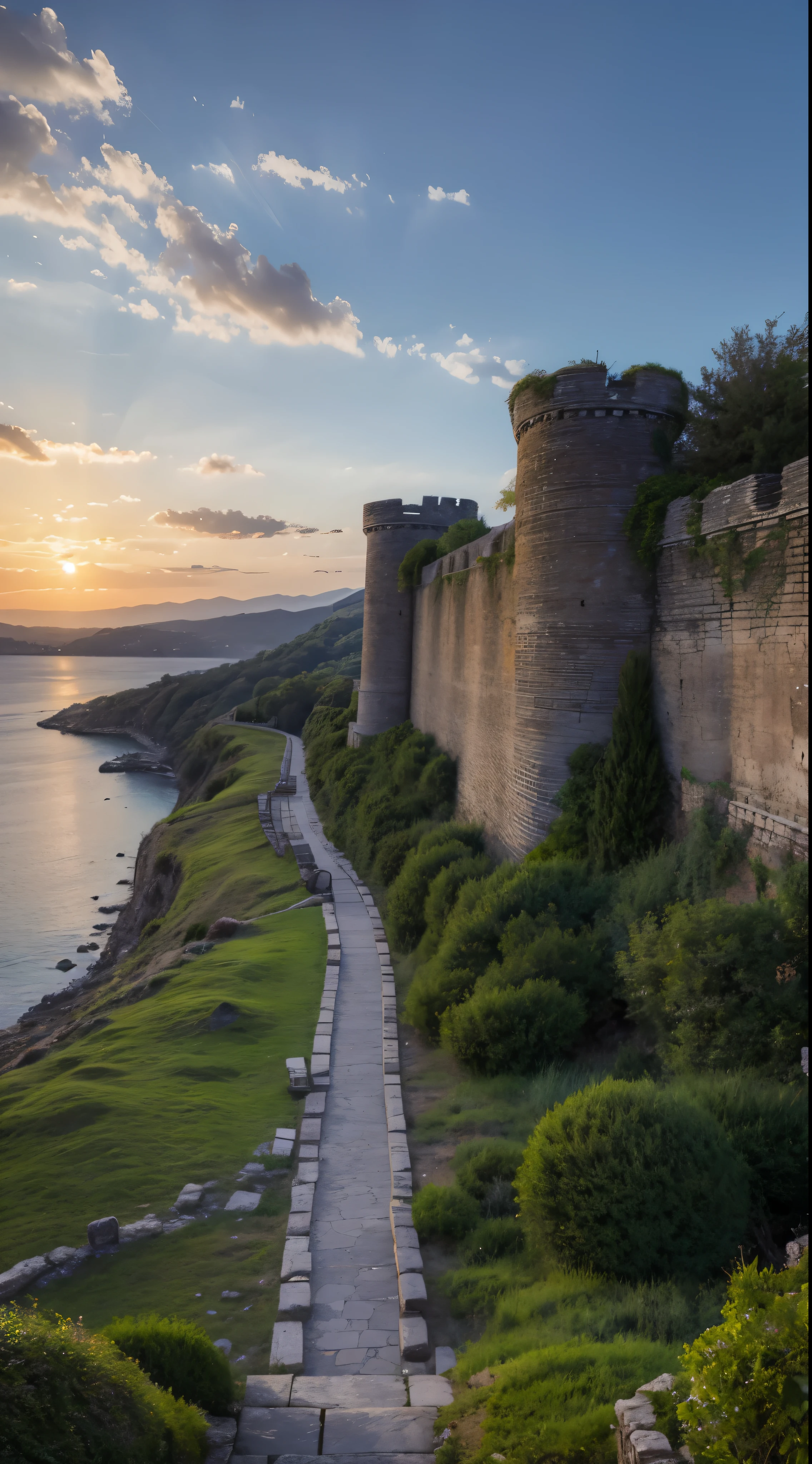 with high definition images，Recreating the ruins of ancient Troy。Magnificent city walls、　（Stones of a castle wall standing tall by the sea）Faithfully reproduced、Overwhelming power。