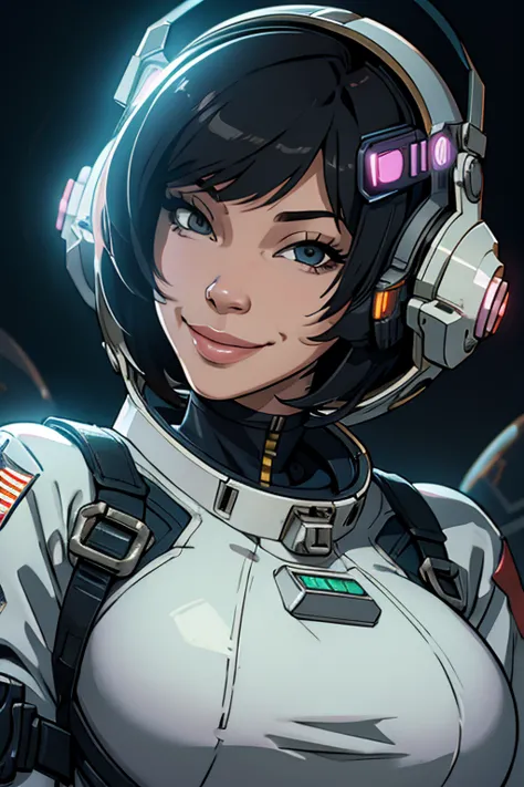 astronaut, bob haircut, big breasts, astronaut cyberpunk outfit, cyberpunk astronaut helm, smile, in moon