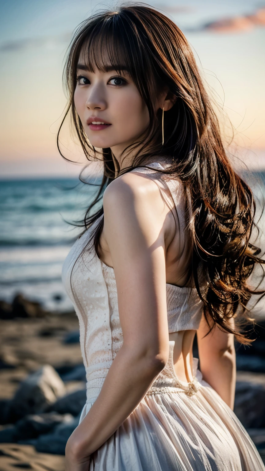 ((Flawless Anatomy)),An image of a beautiful girl on a beautiful beach in Hawaii with the sunset reflecting on the sea surface.,nice earrings and necklace,Attractive silhouette photo taken from the front with the sunset in the background ,She wears a white dress,(((best coke bottle body))),realistic,Flawless,best image quality,professional angle of view,excellent details,ultra high resolution,realistic:1.4),high detail,focus on details,High concentration of 1girls,Beautiful long chestnut hair waving in the wind,Beautiful face with a delicate and high nose,Long limbs and slim waist like a model,Beautiful tight ankles stand out,white skin is dazzling