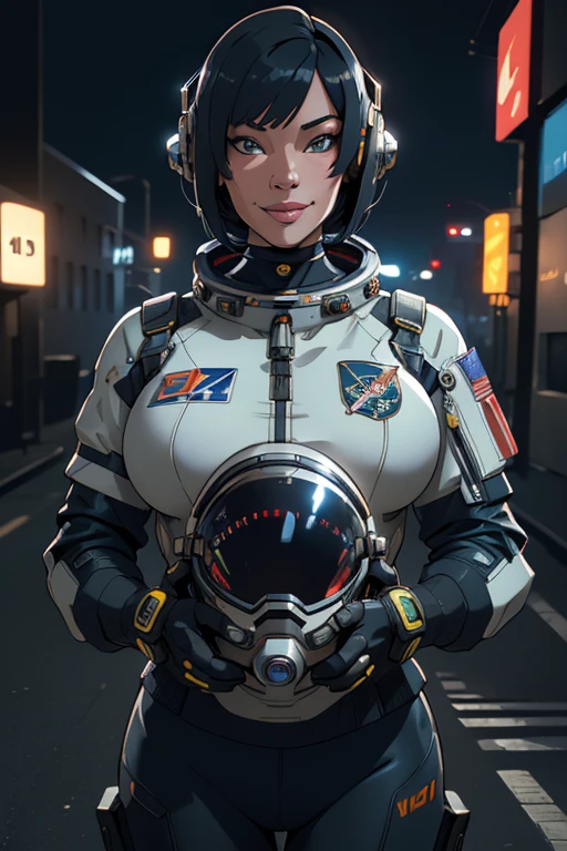 astronaut, bob haircut, big breasts, astronaut cyberpunk outfit, cyberpunk astronaut helmet, smiling, in moon, (best quality,4k,8k,highres,masterpiece:1.2),ultra-detailed,(realistic,photorealistic,photo-realistic:1.37),sci-fi, cinematic lighting, vibrant colors, dramatic shadows, highly detailed face, intricate details, hyper realistic