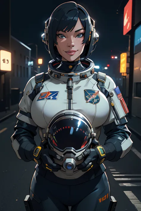 astronaut, bob haircut, big breasts, astronaut cyberpunk outfit, cyberpunk astronaut helmet, smiling, in moon, (best quality,4k,...