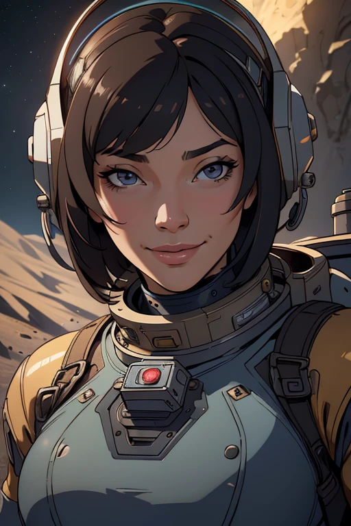 astronaut with bob haircut, detailed large breasts, steampunk astronaut outfit, intricate steampunk astronaut helm, warm smile, in lunar landscape, (best quality,4k,8k,highres,masterpiece:1.2),ultra-detailed,(realistic,photorealistic,photo-realistic:1.37),cinematic lighting,vibrant colors,dramatic shadows,highly detailed,digital art,concept art,hard surface,mechanical,intricate,ornate