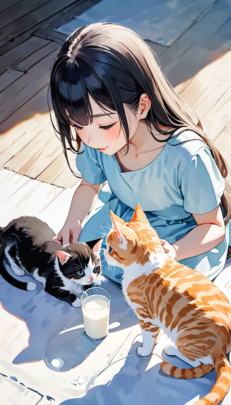 cute, cute猫とその子猫たち, Mother cat feeding her kitten with milk, Watercolor-style, gentle colors,Subtle and dynamic textures, Light and shadow contrast, 2.5D, Super detailed, The absolute solution, Highest quality