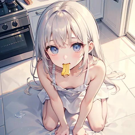 beautiful girl drools banana in her mouth、flat chest、white liquid dripping onto the floor、lean back on all fours、naked apron、see...