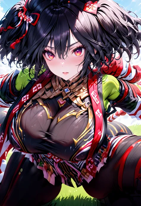 ((((kitasan black))))、(uma musume),(super gigantic huge breast),(blue sky)、(turf)、(((red and black tight clothing)))、(run)、{{{br...