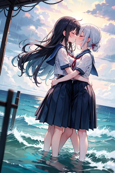 2 girls, 傘もささずにheavy rainの中抱き合う二人, kissing, kiss each other, close your eyes, ocean, wavy, heavy rain, soaked, sailor suit, ribb...