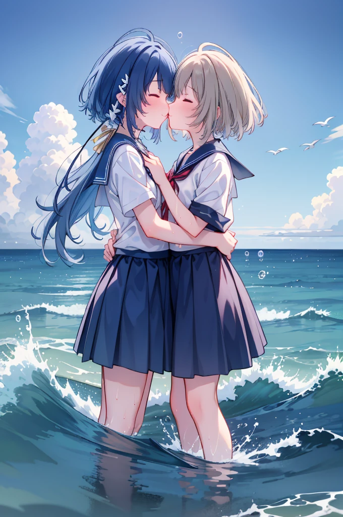 Two girls, heavy rainの中抱きしめ合う, Kissing, Kiss each other, Close your eyes, Ocean, Wavy, heavy rain, soaked, Sailor suit, ribbon, Gothic Skirt, navy blue, Long skirt, Wet and shiny, Lots of water all over the body, splash, Soaking wet, Submersion, Lots of water, Standing in water, Lots of water滴, 