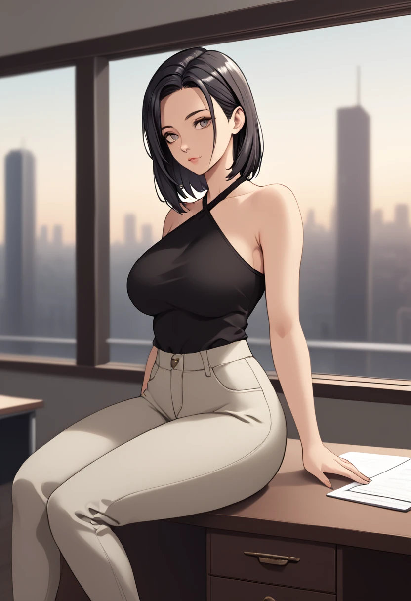 
long black hair, wearing a black halter top, form-fitting high-waisted pants with gold stitching, no visible accessories, sitting pose, hands resting on the desk, indoor office background with windows showing an urban cityscape, soft natural lighting from the left, creating gentle shadows, overall calm and focused atmosphere, front view, shallow depth of field with a sharp focus on the subject, well-balanced exposure.