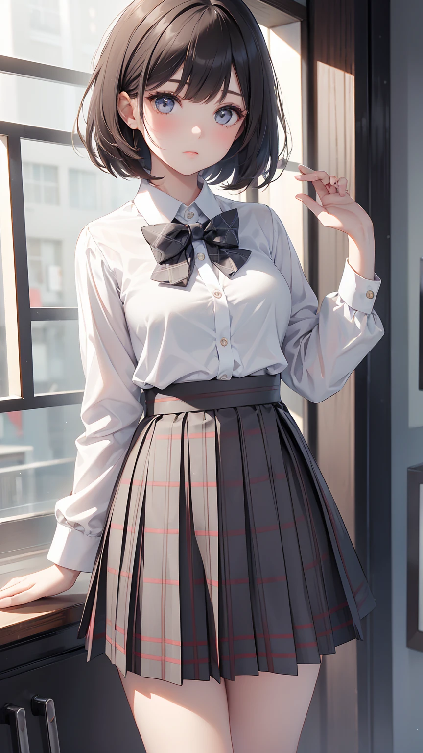 1 girl, Solo, Cute Girl, 150 cm, Best Quality, Ultra-detailed, 8K, High resolution, Detailed face, dark brown hair, bob hair, (((tareme:1.5, downer))), (((school uniform, white collared shirt, bowtie, pleated skirt, gray skirt, plaid skirt, long skirt, white socks))), 60cm length, short hair