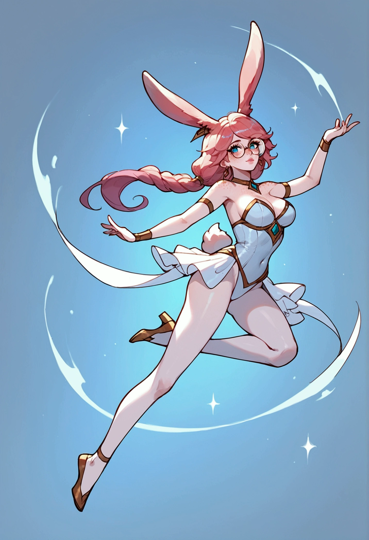 score_9, score_8_up, score_7_up, Aurora (league of legends), 1 girl, light pink hair, round glasses, freckles, bunny ears, sexy, full body, earrings, long eyelashes, sexy, big bust, beautiful face, dressed as a ballet dancer