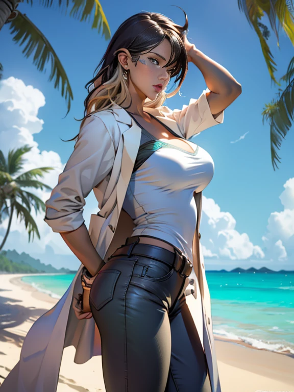 Woman with big breasts, corpo sexy, Sonia from Pokémon, (Perfect Anatomia), ((fofosexyrobutts)), high quality fanart, incomparable masterpiece, ((wearing no shirt)), tight pants, (lab coat covering nipples), arms behind the head, ultra realista 8k CG, Perfect artwork, (1 girl:1.1), standing alone, looking ahead at viewer, (burlas), best qualityer:1.1 , seductive posture, pose sexy, appealing, (comely), aretes, jewerly, (shining skin:1.2), (HDR), (Tropical paradise:1.2), under a palm tree, umbrella, in a towel, beachfront, Nikon D850 Kodak Portra 400 f1 camera film stock photography.6 lenses, rich colors, realistic texture, dramatic lighting, engine unreal, trends on ArtStation