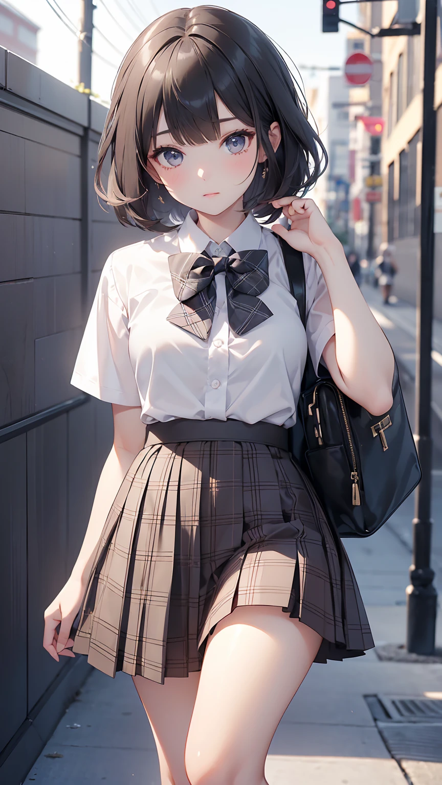 1 girl, Solo, Cute Girl, 150 cm, Best Quality, Ultra-detailed, 8K, High resolution, Detailed face, dark brown hair, bob hair, (((tareme:1.5, downer))), (((school uniform, white collared shirt, bowtie, pleated skirt, gray skirt, plaid skirt, long skirt, white socks))), 60cm length, short hair