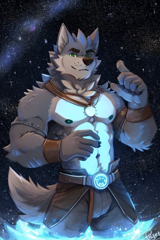 (great quality), lobo, alone, detailed face, detailed body, 5 fingers, Detailed hands, green eyes, detailed eyes, short hair, 2 arms, whole body, ((creative pose to draw it)), to the screen, ((starry background)), ((Whole body)), ((Posing)), por pache riggs