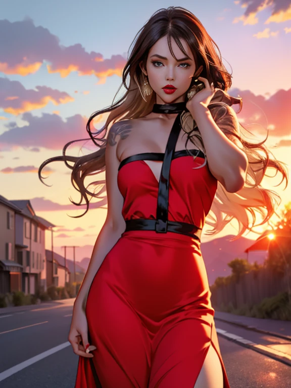 give me a light brunette woman she has long straight hair her mouth is small she is super pretty she is wearing red lipstick she is wearing a red dress she has an average body the place where she is is on a road with a sunset sun in the background try to make it as realistic as possible image 8k full hd realistic max