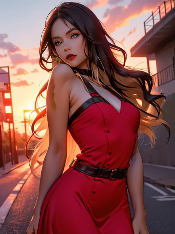 give me a light brunette woman she has long straight hair her mouth is small she is super pretty she is wearing red lipstick she is wearing a red dress she has an average body the place where she is is on a road with a sunset sun in the background try to make it as realistic as possible image 8k full hd realistic max