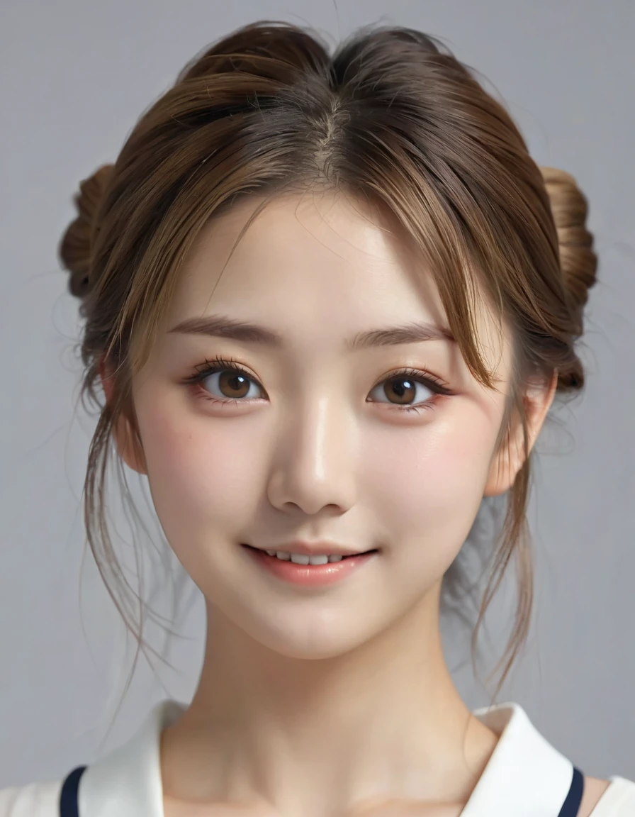 Front view, Japanese cute girl, 18-age, more long face, (beautiful  light brown hair, chignon, hair between eyes, makeup, skin fang, light smile), (( Surrealism, depth of field, UHD, masterpiece, accurate, anatomically correct, textured skin, super detail, high details, high quality, highres, HD))