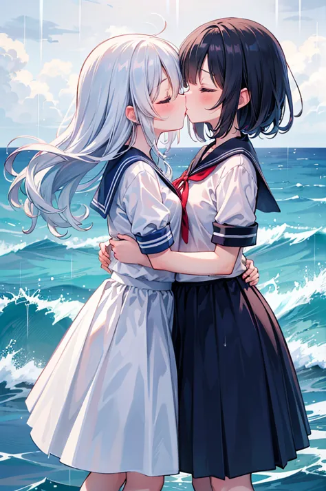 2 girls, 傘もささずにheavy rainの中抱き合う二人, kissing, kiss each other, close your eyes, ocean, wavy, heavy rain, soaked, sailor suit, ribb...