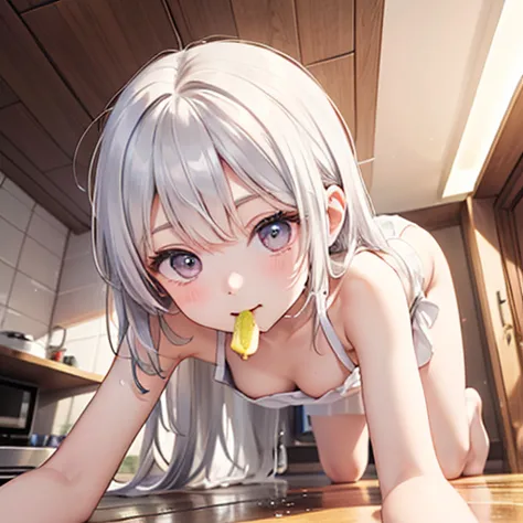 beautiful girl drools banana in her mouth、white liquid dripping onto the floor、lean back on all fours、naked apron、see-through、(l...