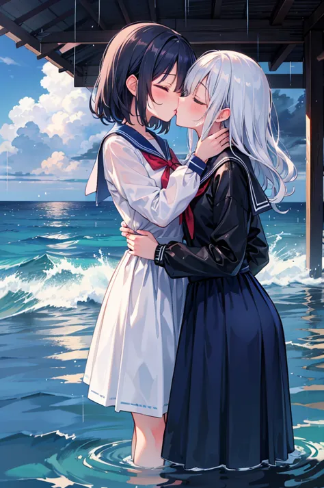 2 girls, 傘もささずにheavy rainの中抱き合う二人, kissing, kiss each other, close your eyes, ocean, wavy, heavy rain, soaked, sailor suit, ribb...