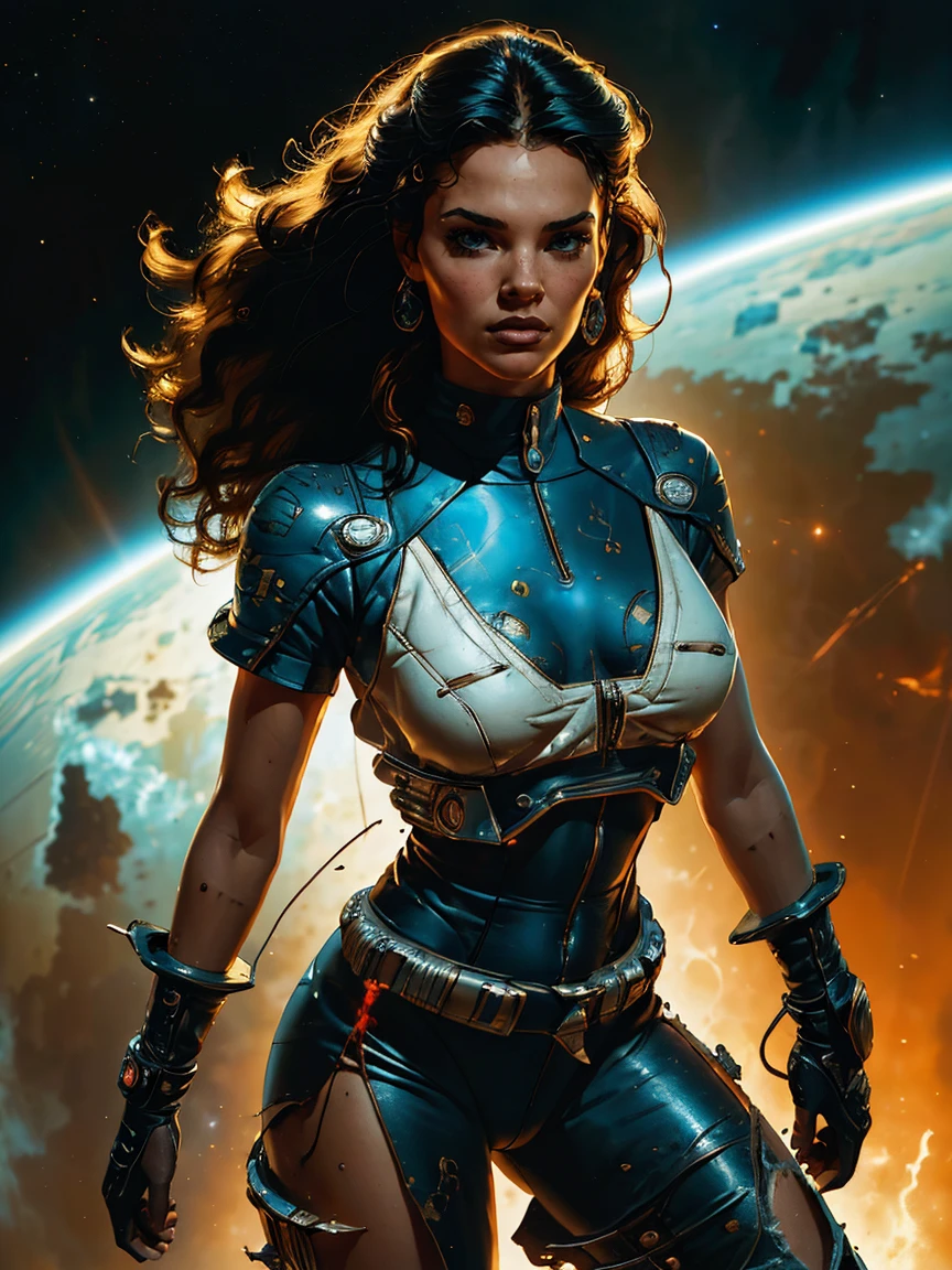 a young space fighter pilot, science fiction illustration, highly detailed cinematic fancy portrait, black outline, colorful illustration, not Boris Vallejo style & Julie Bell, work of art, 8k, ultra detali, Physically based rendering, bright coloured, dramatic lighting, intricate background, fancy, photorrealistic