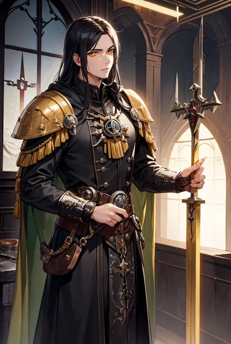 man, mature male, inquisition (warhammer), inquisitor, black hair, yellow eyes, warhammer, long hair, cinsdia, warhammer