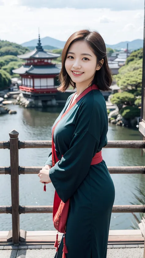 smiling asian woman with kyoto in the background，1 plump girl、 perfect anatomical structure、