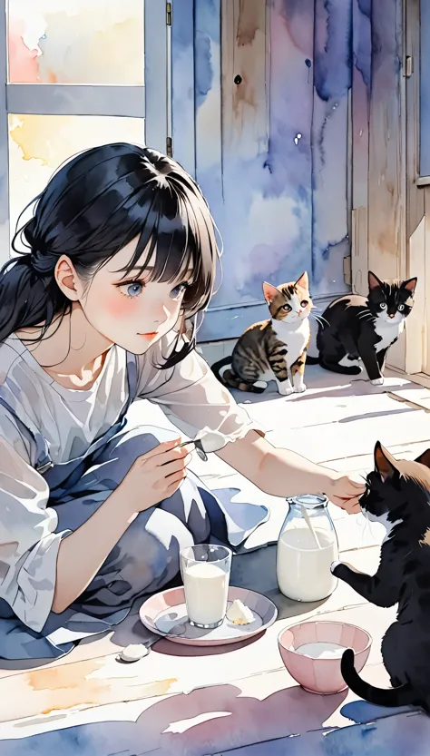 20-year-old,black hair beauty, cute cat and her kittens, mother cat feeding her kitten with milk, watercolor-style, gentle color...