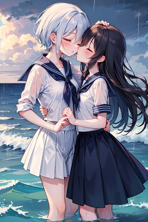 2 girls, 傘もささずにheavy rainの中抱き合う二人, kissing, kiss each other, close your eyes, ocean, wavy, heavy rain, soaked, sailor suit, ribb...