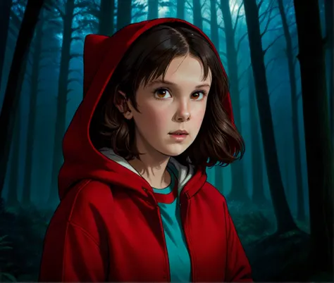 milli3 woman, millie bobby brown, 1 girl wearing red jacket and hood, netflix, stranger things eleven, in a dark forest, she has...