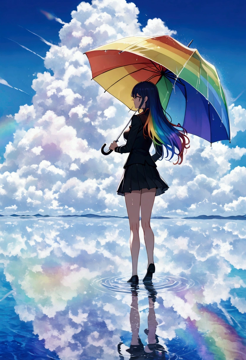 Woman holding an umbrella,Holding an umbrella with both hands, Rainbow Hair,Long Hair,Black Uniform,mini skirt　A rainbow appears,noon,It rains,Horizon reflected on the water surface, Stand on liquid 　Catch the wind