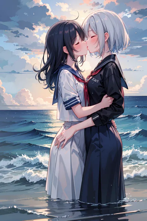 2 girls, 傘もささずにheavy rainの中抱き合う二人, kissing, kiss each other, close your eyes, ocean, wavy, heavy rain, soaked, sailor suit, ribb...