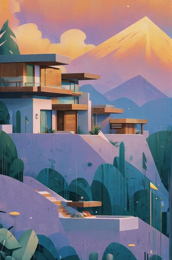 small and beautiful modern house in top of big boulders, terraces, pool, stairs, multiple cacti gardens, palms, trees, rocks, beautiful landscape design, mountains and volcano y background, amazing clouds, sun, moon, planets, milky way galaxy, concrete, wood, glass and steel materials, olive green, violet, orange and withe colors in facade