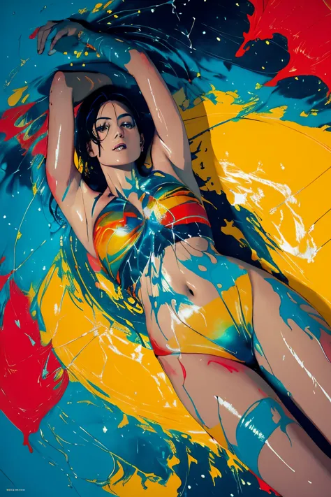 a beautiful ravishing naked woman completely covered in paint floating in a pool, beautiful lighting, upclose, large beautiful d...