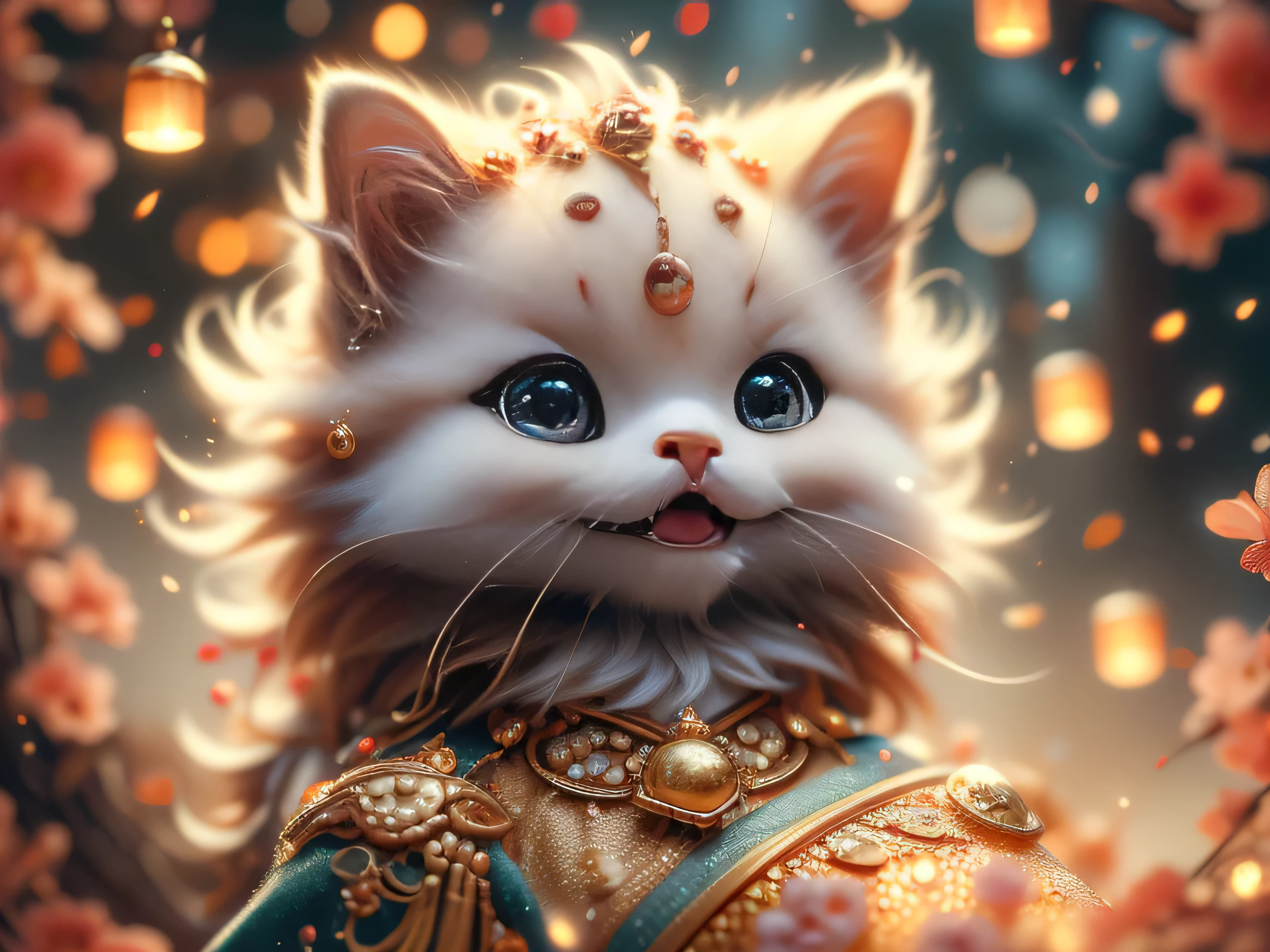 Magical Fantasy Creature, (best quality, masterpiece, Representative work, official art, Professional, Ultra high detail, 8k:1.3) super cute, big-eyed, with a soft, gentle nose, fluffy, smiling with two teeth, Persian cat on a natural background, realistic, beautiful, sparkles, stars in the eyes, soft volumetric light, (backlight:1.3), (cinematic:1.2), intricate details, (ArtStation:1.3), Rutkowski --auto --s2