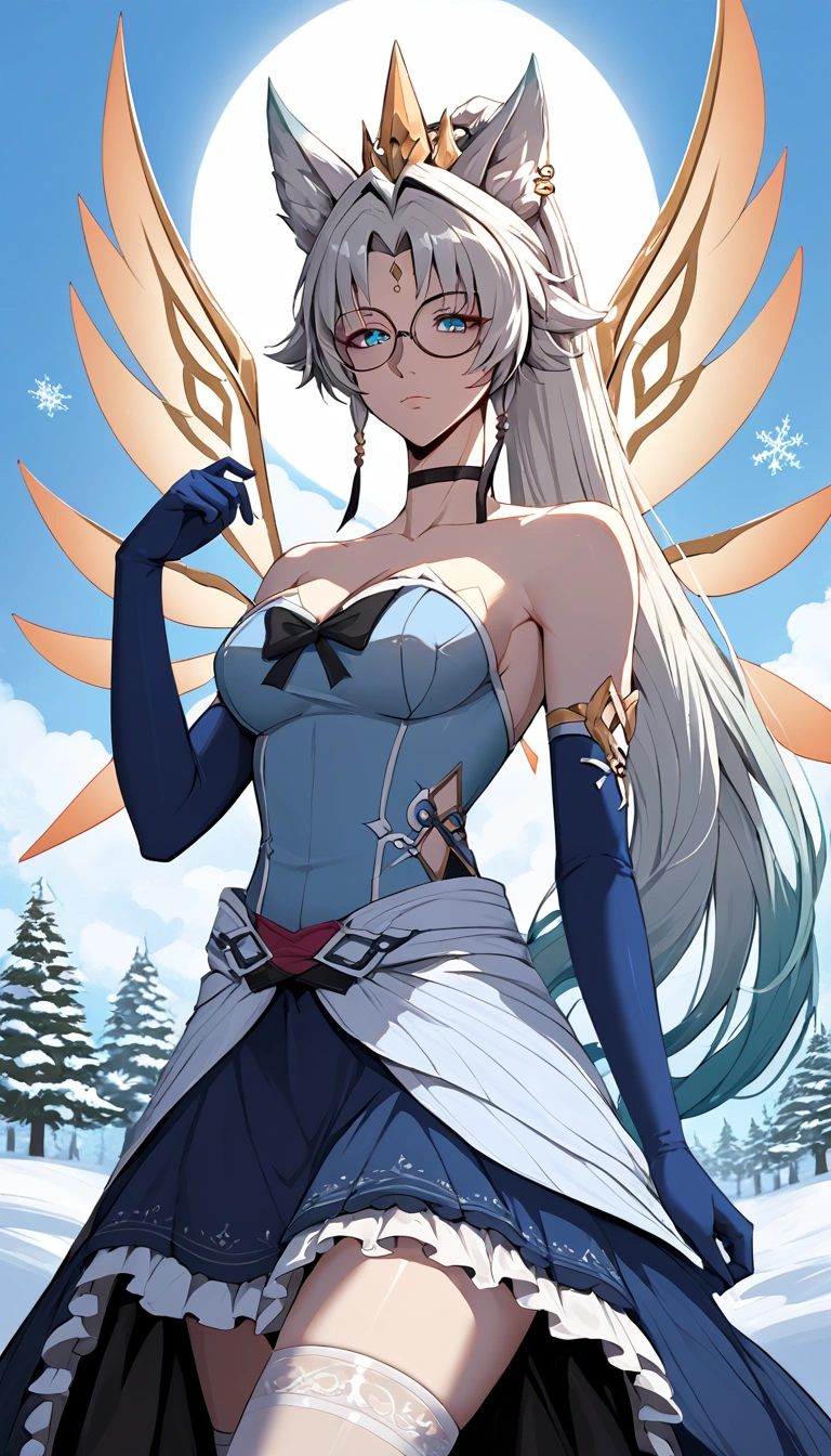 ry4nr30s, Ryan Reos, Ryan Reos Art Style, score_9_up, score_8_up, score_7_up, score_6_up, source_anime, 1girl, solo, Feixiao, animal ears, long hair, ponytail, gradient hair, white hair, blue eyes, forehead jewel, ear piercing, hair ornament, masterpiece, best quality, sun light, blizzard, casting ice magic, perfect face, face focus, evil bored, raised hand up, energy wings, looking down at you, round glasses, bare shoulders, ice crown, kiana kaslana, dark persona, white thighhighs, choker, blue dress, strapless dress, frilled skirt, fur trim gloves, elbow gloves, blue gloves, snowflakes, mature body, dynamic cowboy shot, outdoors, pine trees, snow plains background