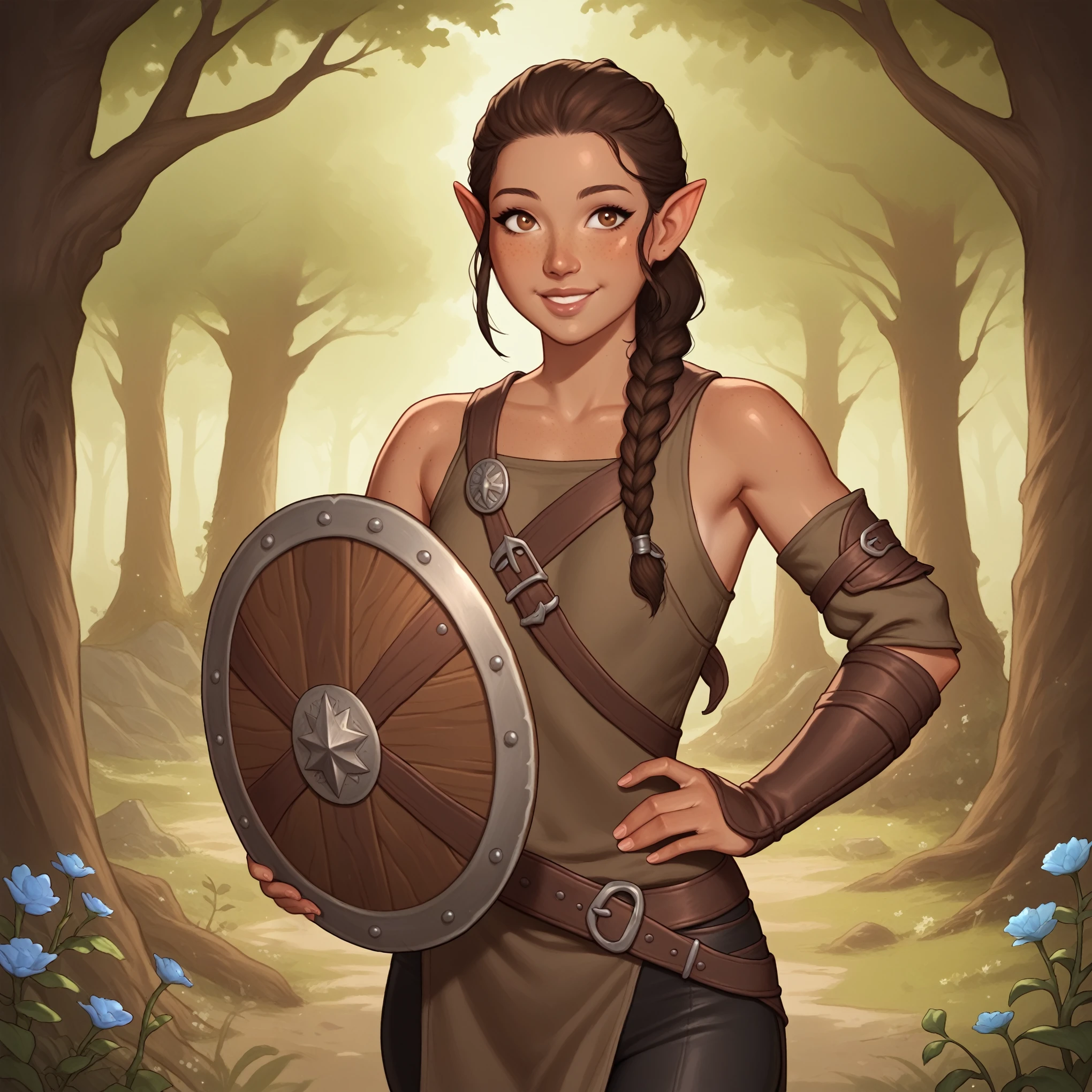 (((beautiful, high quality, perfect eyes, comics style, semi-realistic, detailed face))), score_9, score_8_up, score_7_up, BREAK 1girl, solo, Tevvi, half-elf female, Druid, dungeons & dragons, DnD, dark skin, freckled skin, Chestnut-brown hair, big dark-brown "doe" eyes, hair pulled back, ponytail, braid, stray strands of hair, lovely easy smile, youthful features, young face, flat chested, budding breasts, brown leather armor, buckskin leggings, brown leather boots, well-crafted, etched design on leather, carrying curved sword, well-crafted, 1 small round wooden shield, braided vines on shield, vines with flowers on them, protected by magic, forest background