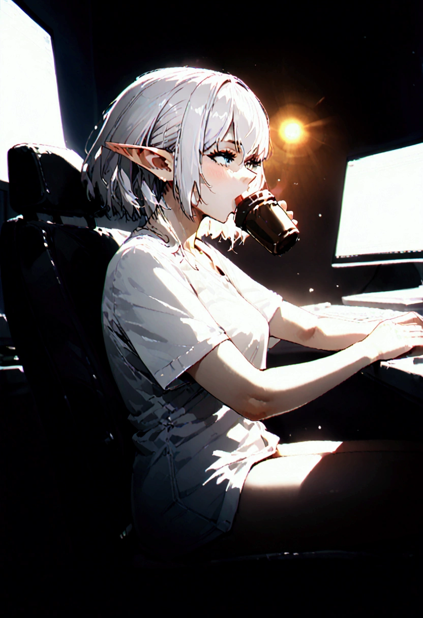 In a sexy white shirt , sitting in the games chair, playing on pc, elf ears,  drinking coffee, 4K