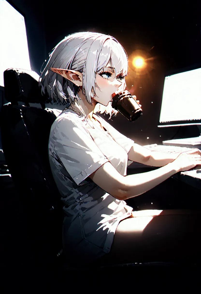 in a sexy white shirt , sitting in the games chair, playing on pc, elf ears,  drinking coffee, 4k