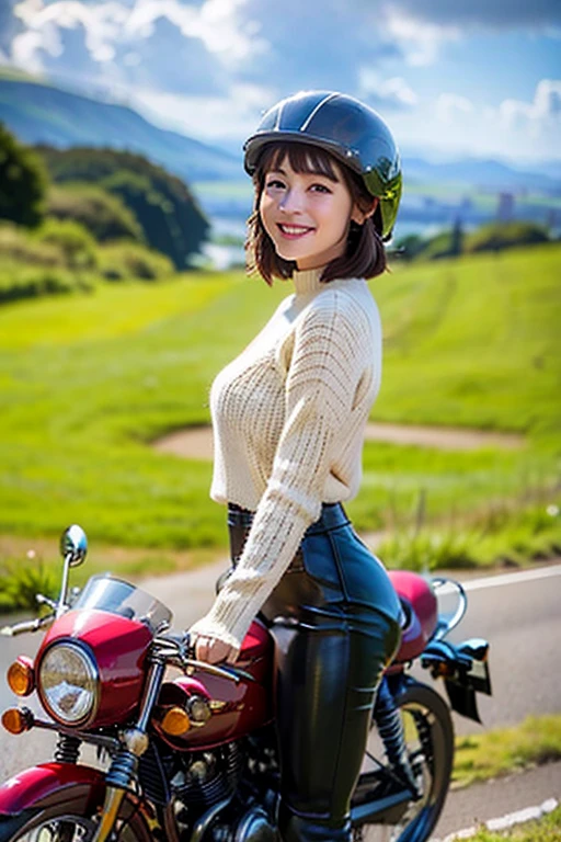 Vintage Bikes、victory、Isle of Man Races、(Young female rider standing on the back of a motorcycle taking a photo)、Leather jumper、Cromwell helmet with goggles、After the Rain、English countryside、