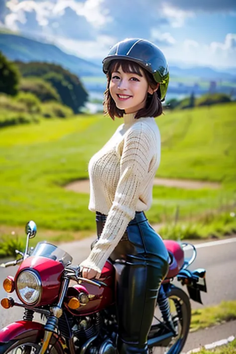 vintage bikes、victory、isle of man races、(young female rider standing on the back of a motorcycle taking a photo)、leather jumper、...