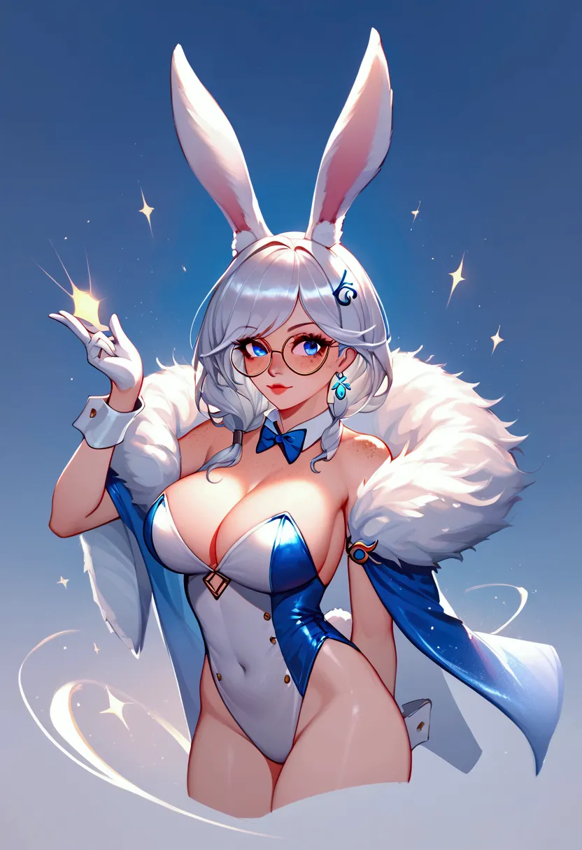 score_9, score_8_up, score_7_up, aurora (league of legends), 1 girl, silver hair, round glasses, freckles, bunny ears, sexy, blu...