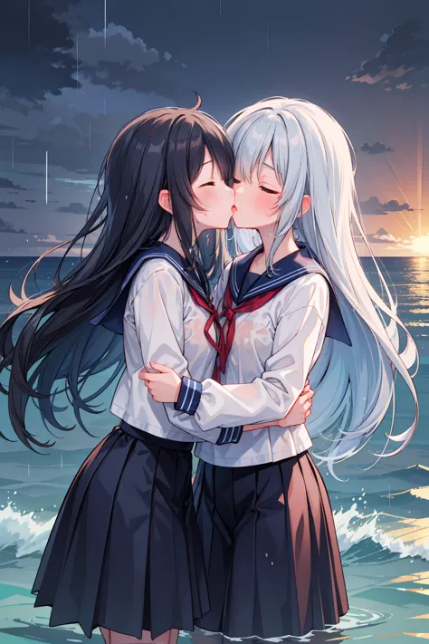 2 girls, 傘もささずにheavy rainの中抱き合う二人, kissing, kiss each other, close your eyes, ocean, wavy, heavy rain, soaked, sailor suit, ribb...