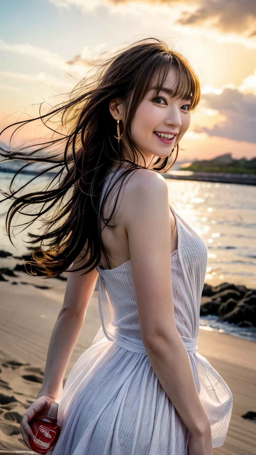 ((Flawless Anatomy)),An image of a beautiful girl on a beautiful beach in Hawaii with the sunset reflecting on the sea surface.,nice earrings and necklace,Attractive silhouette photo taken from the front with the sunset in the background ,She wears a white dress,(((best coke bottle body))),realistic,Flawless,best image quality,professional angle of view,excellent details,ultra high resolution,realistic:1.4),high detail,focus on details,High concentration of 1girls,Beautiful long chestnut hair waving in the wind,Beautiful face with a delicate and high nose,Long limbs and slim waist like a model,Beautiful tight ankles stand out,white skin is dazzling,close your eyes and laugh