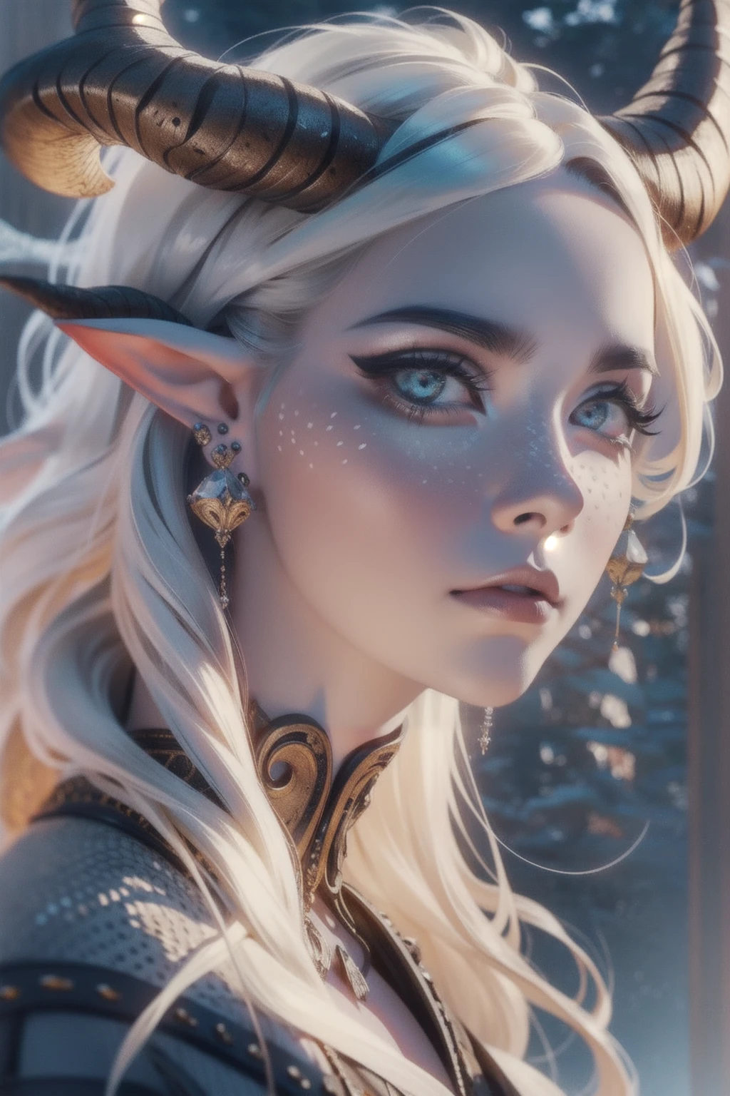 masterpiece, best quality, high quality, woman, faunmakeup, makeup, white spots, horns, pointy ears, dark upper lip, long white hair, on nature, extremely detailed face, intricate details, beautiful detailed eyes, beautiful detailed lips, ethereal, mystical, surreal, fantasy, glowing skin, dramatic lighting, cinematic, 8k, photorealistic