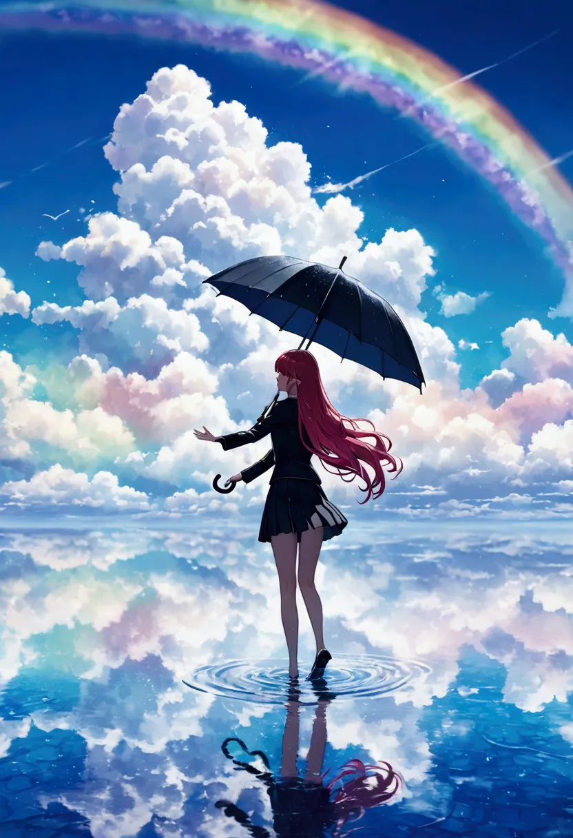 woman holding an umbrella,reaching out, rainbow-colored hair,long hair,black uniform,mini skirt　big fluffy cloud,noon,it rains,h...